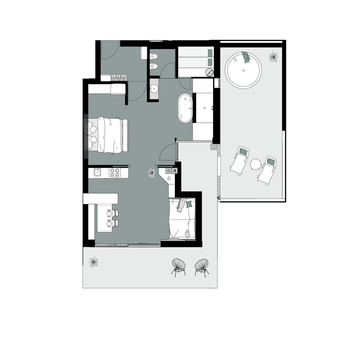 Grundriss der Lodge Rosmarin mit Raumaufteilung am Kohlbrennerhof