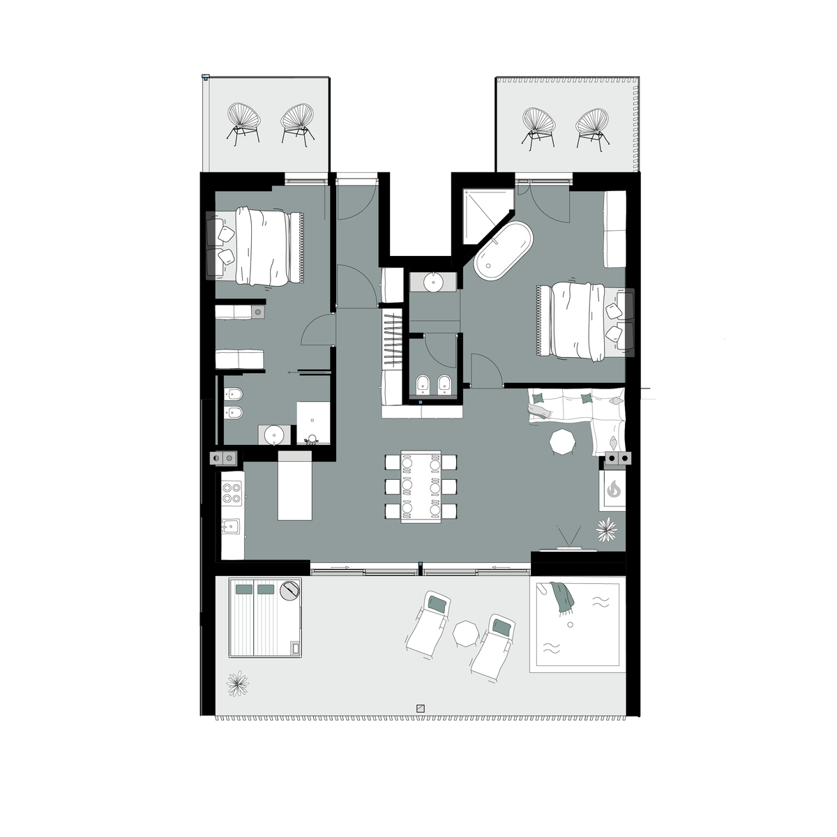 Grundriss der Lodge Wacholder mit Raumaufteilung am Kohlbrennerhof